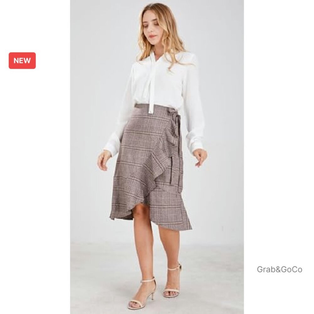 Elegant Work Wear Adjustable Waist Flounce A-Line Midi Wrap Skirt - Picture 7 of 7
